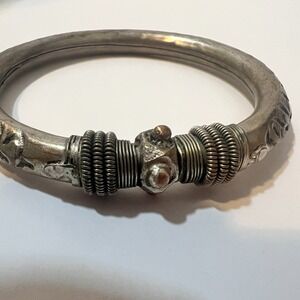 Vintage Tribal Silver Bangle Bracelet Steampunk Leaf Flame Design Boho Artisan‎